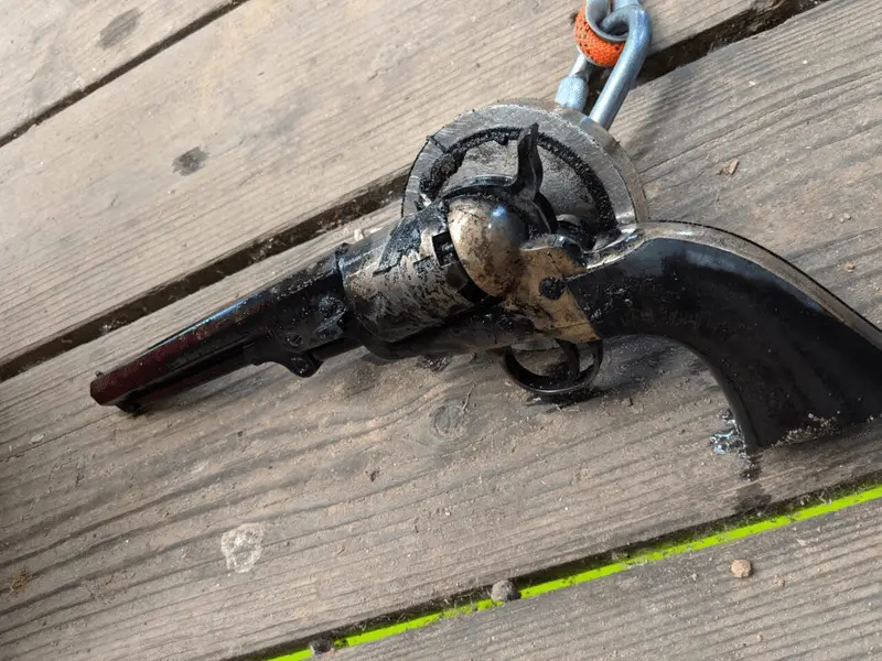 A photo of a revolver that was found when magnet fishing